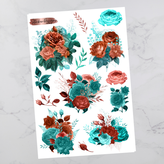 Teal & Coral Flowers - Floral Deco