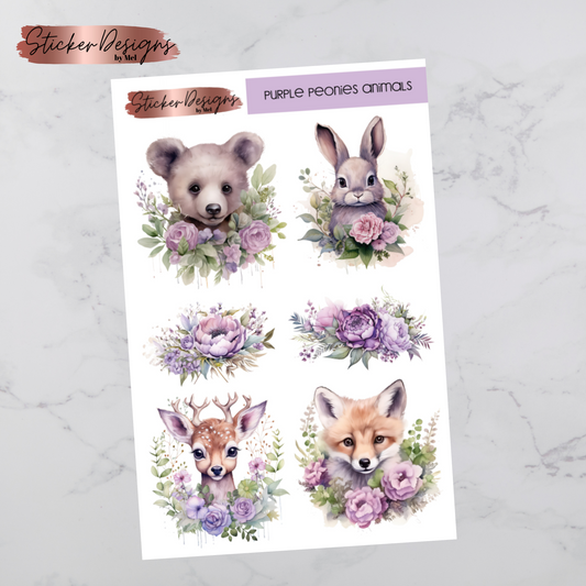 Purple Peonies Animals Deco Sticker Sheet